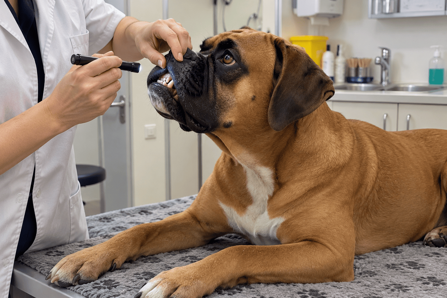 Veterinár šetrne kontroluje boxerovi chrup a postavenie čeľustí